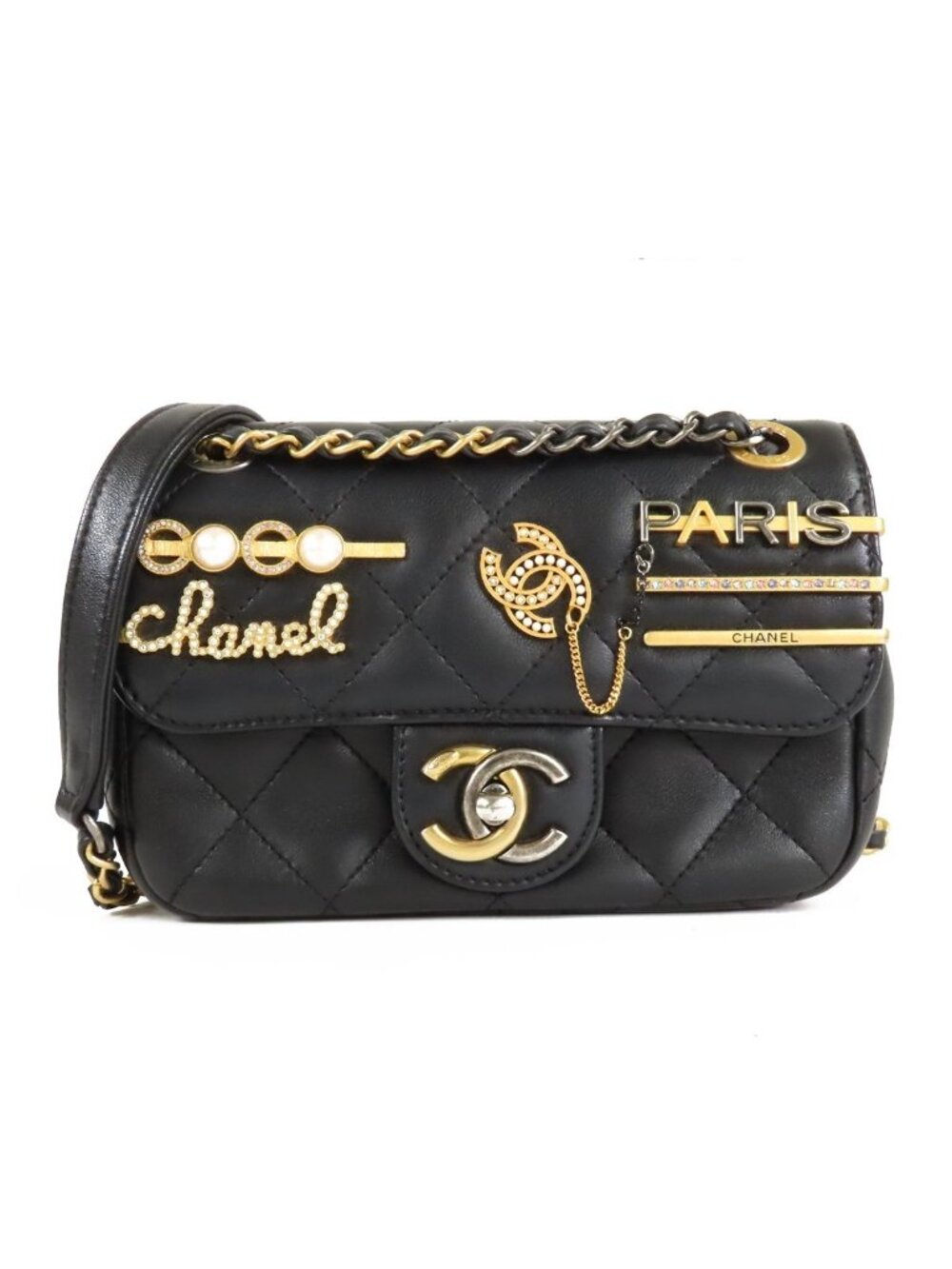 Chanel Clip Coco Black Gold Silver Lambskin Costume Pearl Chain Shoulder Bag